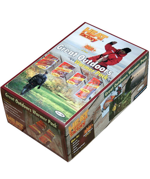 Heat Factory Great Outdoors Warmer Pack. Contains: 12 Mini HandWarmers, 6 Large Body Warmer, 6 Adhesive Toe Warmers, 2 Footwarmer Insoles Warmers
