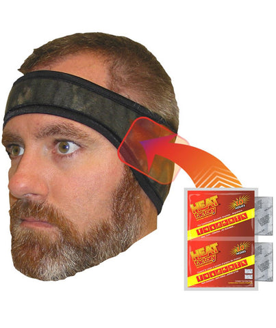 Heat Factory Heated Camo Fleece Headband with warmer pockets over ears.  Designed for those needing extra warmth without exaggerated coverage, The headband is form fitting. The two pockets over the ears are designed to hold Heat Factory handwarmers. Two Heat Factory warmers are included, each providing up to 10 hours of warmth (additional warmers are sold separately).  Made in USA