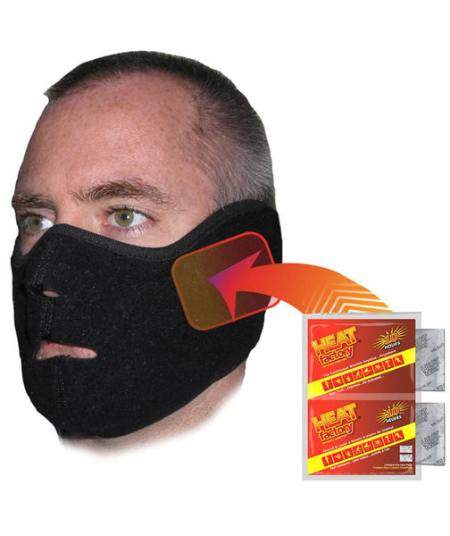 Heat Factory Black Fleece Face Mask will keep your face protected while outdoors. Two pockets are sewn over the ears, designed to hold warmers. Each Heat Factory Warmer provides up to ten hours of  heat. Secured adjustable Velcro attachment strap in the back.  Made in USA