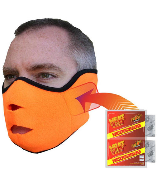 Heat Factory Blaze Orange Fleece Face Mask will keep your face protected while outdoors. Two pockets are sewn over the ears, designed to hold warmers. Each Heat Factory Warmer provides up to ten hours of  heat. Secured adjustable Velcro attachment strap in the back.  Made in USA