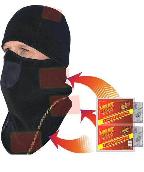 The Heat Factory Heated Deluxe Black  Balaclava Headpiece features five integrated pockets sewn over the ears, chest and back of the neck accommodating warmers. Two Heat Factory warmers are included, each provided up to 10 hours of warmth (additional warmers are sold separately).