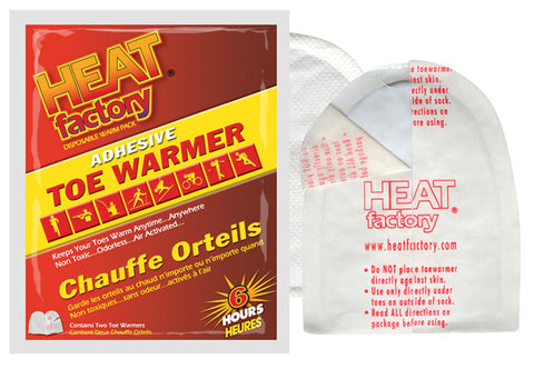 Adhesive Toewarmers that can be worn in any shoe or boot. Simply peel off adhesive backing, stick warmer to bottom of sock under toes, and enjoy 6 hours of cozy Heat. Disposable Toe Warmers, Warmers, Hot Packs, heat packs, Portable Handwarmers, Pocket Warmers, body warmers, Toewarmers, Adhesive toe warmers.  hot pockets, Footwarmers, adhesive warmers, feet warmers, warm packs, Heat Factory