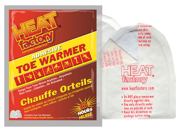Toe Warmer Big Pack offers 8 pair adhesive toe warmers that can be worn in any shoe or boot. Simply peel off adhesive backing, stick warmer to bottom of sock under toes, and enjoy 6 hours of cozy heat. Disposable Warmers, Warmers, Hot Packs, heat packs, Portable Handwarmers, Pocket Warmers, body warmers, Toewarmers,  , Adhesive toe warmers.  hot pockets, Footwarmers, adhesive warmers, feet warmers, warm packs, Heat Factory