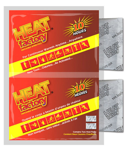 The Heat Factory Hand Warmer Big Pack features 12 pairs of Heat Factory Hand Warmers. Each Hand Warmer offers up to 10 hours of quality, safe and continuous heat. 12 pair of Heat Factory air-activated handwarmers. Heat Factory warmers is a soft ,lightweight pouch containing a biodegradeable mixture of iron powder, charcoal, salt and vermiculite.