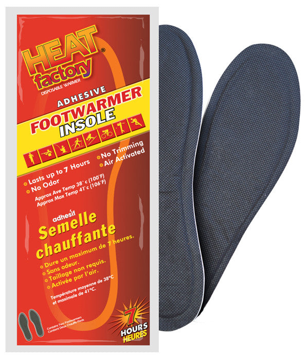 Heat Factory Footwarmer Insoles are thin, air-activated Warmers that are designed to fit in almost any shoe or boot. These Footwarmer Insoles provide up to 8 hours of soothing warmth beneath your feet by adhering to the bottom of any sock. 