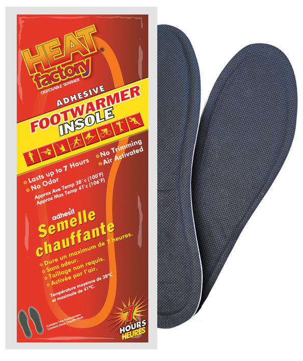 Heat Factory Footwarmer Insoles are thin, air-activated Warmers that are designed to fit in almost any shoe or boot. These Footwarmer Insoles provide up to 8 hours of soothing warmth beneath your feet by adhering to the bottom of any sock.