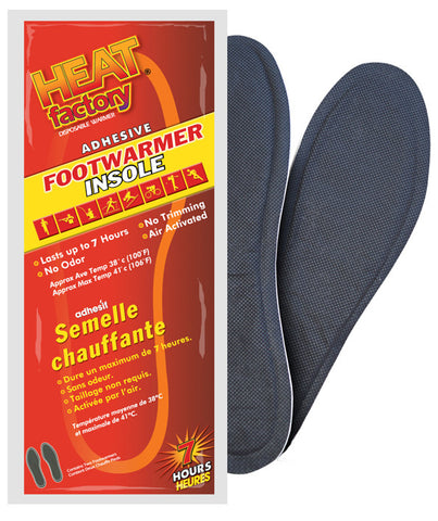 Heat Factory Footwarmer Insoles are thin, air-activated Warmers that are designed to fit in almost any shoe or boot. These Footwarmer Insoles provide up to 8 hours of soothing warmth beneath your feet by adhering to the bottom of any sock.
