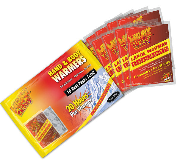 The Hand & Body Warmer Pack offers 10 Large Body Warmers as a convenient grab-n-go warmer pack for family outings, Camping weekends or tailgate parties. The Warmers are Odorless, Non-toxic and Air-activated.