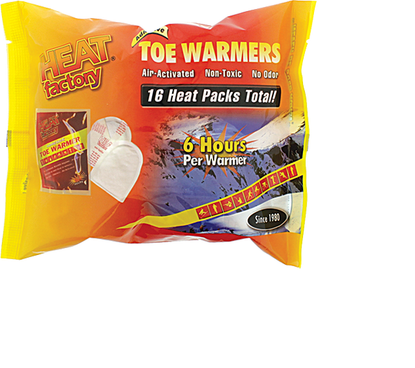 Package of 8 pair of Toewarmers.  Toe Warmer Big Pack offers 8 pair adhesive toe warmers that can be worn in any shoe or boot. Simply peel off adhesive backing, stick warmer to bottom of sock under toes, and enjoy 6 hours of cozy heat. Disposable Warmers, Warmers, Hot Packs, heat packs, Portable Handwarmers, Pocket Warmers, body warmers, Toewarmers,  , Adhesive toe warmers.  hot pockets, Footwarmers, adhesive warmers, feet warmers, warm packs, Heat Factory