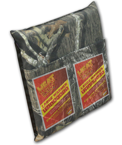 Mossy Oak Camo heated cushion: Heated Heat Factory cushion is great for sitting in Tree stands or use on Stadium Seats. The cushion has a water resistant bottom and a durable top with two pockets for large Heat Factory warmers.  Includes 2 Heat Factory Large Warmers.  Made in USA