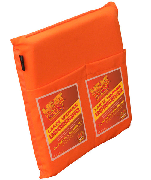 Blaze heated cushion: Heated Heat Factory cushion is great for sitting in Tree stands or use on Stadium Seats. The cushion has a water resistant bottom and a durable top with two pockets for large Heat Factory warmers.  Includes 2 Heat Factory Large Warmers.  Made in USA