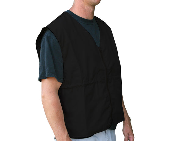 Black Cool Vest is made of light weight cotton poly fabric with an adjustable  drawstring waist and a front zipper closure. Machine washable.  Freeze cool packs for 4 hours. Place cool packs into vest pockets (4-6 are usually enough). Put on vest and adjust the drawstring. Feel the coolness! Includes 6 Cold Packs.