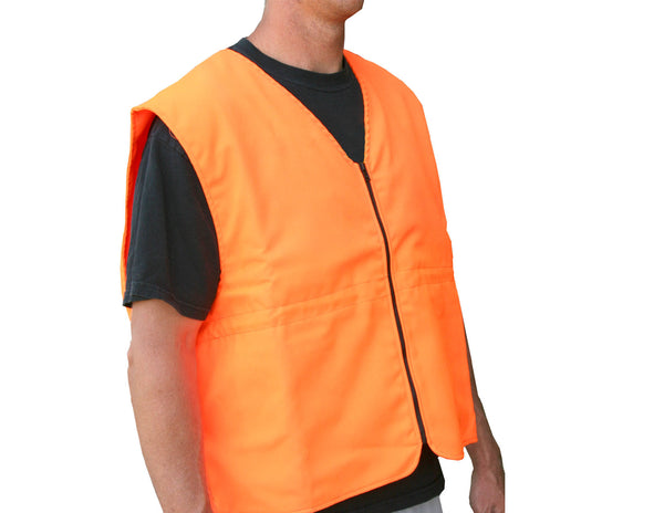 Blaze Orange Cool Vest is made of light weight cotton poly fabric with an adjustable  drawstring waist and a front zipper closure. Machine washable.  Freeze cool packs for 4 hours. Place cool packs into vest pockets (4-6 are usually enough). Put on vest and adjust the drawstring. Feel the coolness! Includes 6 Cold Packs.