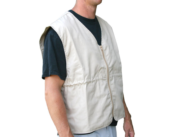 Tan Cool Vest is made of light weight cotton poly fabric with an adjustable  drawstring waist and a front zipper closure. Machine washable.  Freeze cool packs for 4 hours. Place cool packs into vest pockets (4-6 are usually enough). Put on vest and adjust the drawstring. Feel the coolness! Includes 6 Cold Packs.
