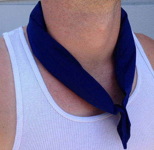 Blue Cool Wrap Bandana keeps your head, neck and body cool during hot summer days. Just soak the Bandana Wrap in cold water for 5-10 minutes and wear around your neck or head. DO NOT over soak. Cooling Bandana Scarf