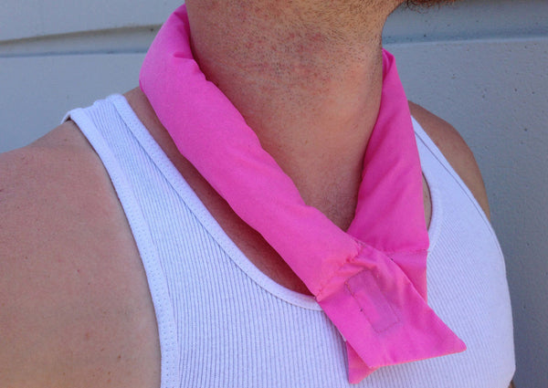 Pink Cool Wrap Bandana keeps your head, neck and body cool during hot summer days. Just soak the Bandana Wrap in cold water for 5-10 minutes and wear around your neck or head. DO NOT over soak. Cooling Bandana Scarf