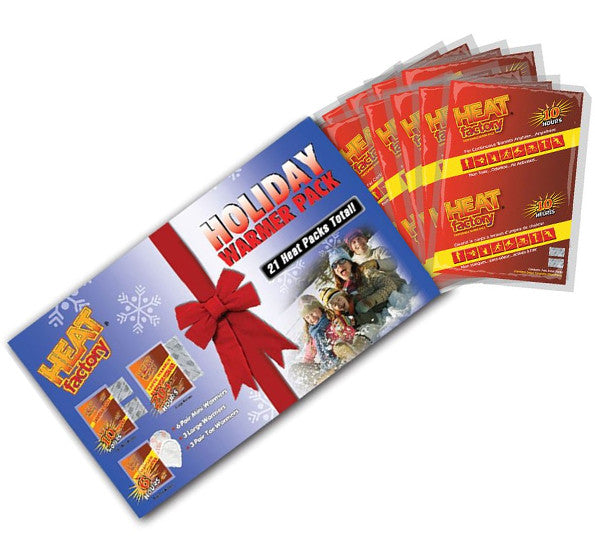 Holiday Warmer Pack Assortment is a great holiday idea! Contains: 6 Pair of 8 hour HandWarmers, 3 Large 20hour Body Warmers, & 3 Pair of 6 hour Adhesive ToeWarmers.