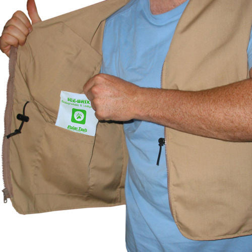 Tan Cool Vest is made of light weight cotton poly fabric with an adjustable  drawstring waist and a front zipper closure. Machine washable.  Freeze cool packs for 4 hours. Place cool packs into vest pockets (4-6 are usually enough). Put on vest and adjust the drawstring. Feel the coolness! Includes 6 Cold Packs.