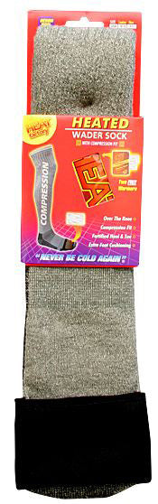 Heat Factory Wader Sock with Compression Fitting improves circulation, relieves leg fatigue; especially for those who sit or stand for long periods of time. Compression Fitting allows the sock to stay in one comfortable position all day and has pockets over the toes for Heat Factory Footwarmers. Includes one pair of Foot Warmers (1948). Contains:  50% Merino Wool, 30% acrylic, 10% nylon, 10% lycra.