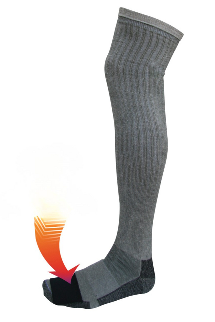 Gray knee-high sock with a sole graphic on a white background