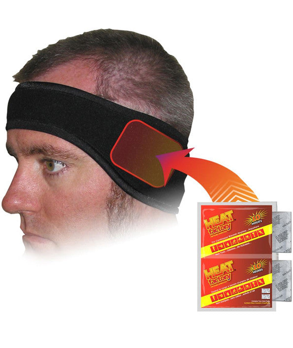  Heat Factory Heated Black Fleece Headband with warmer pockets over ears.  Designed for those needing extra warmth without exaggerated coverage, The headband is form fitting. The two pockets over the ears are designed to hold Heat Factory handwarmers. Two Heat Factory warmers are included, each providing up to 10 hours of warmth (additional warmers are sold separately).  Made in USA