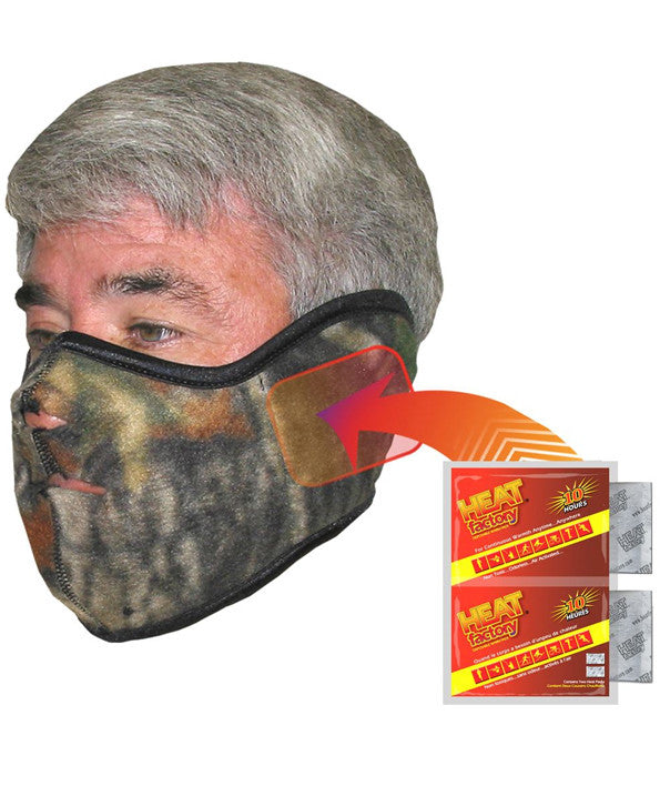 Heat Factory Camo Fleece Face Mask will keep your face protected while outdoors. Two pockets are sewn over the ears, designed to hold warmers. Each Heat Factory Warmer provides up to ten hours of  heat. Secured adjustable Velcro attachment strap in the back.  Made in USA