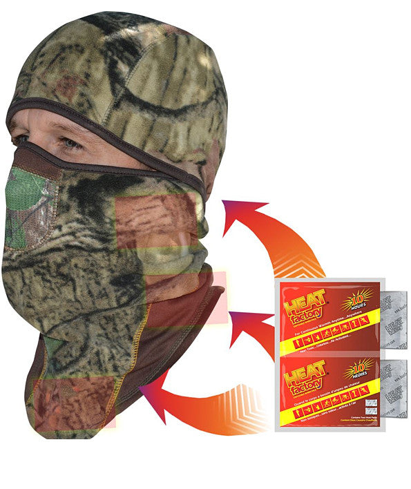 Camo heated balaclava headpiece that converts to neck gator'