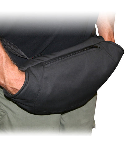 Black Fleece lined Hand warmer Muff has easy angled openings for the hands. The front zipper pocket can be used to store items or for added warmth by placing Heat Factory Warmers in it. Great way to keep your hands warm. 