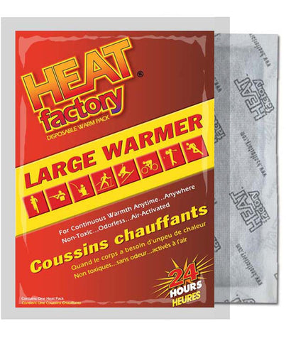 Heat Factory's air activated Large body Warmers are a perfect solution to healing sore muscles and aching joints through heat therapy solutions, or simply keeping warm while outdoors. Each warmer provides up to twenty hours of pain relief and continuous warmth. The warmers are safe, natural and odorless.  