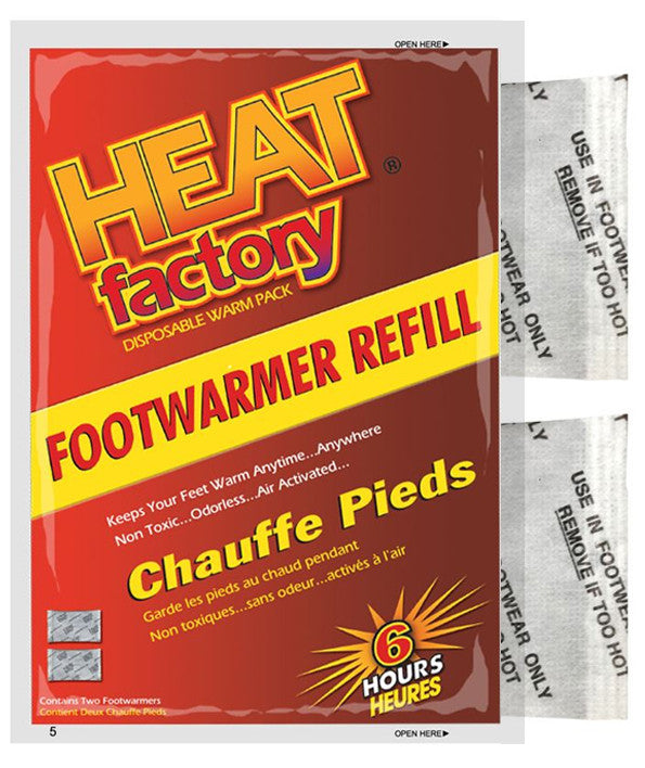 Heat Factory Foot Warmers works with pocket socks or heated footbeds and stay warmer for up to six hours. FootWarmers are designed for use in environments with restricted air-flow such as a shoe or a boot. 