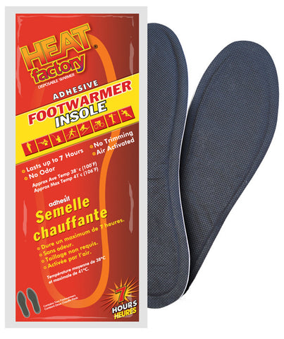 Heat Factory Footwarmer Insoles are thin, air-activated Warmers that are designed to fit in almost any shoe or boot. These Footwarmer Insoles provide up to 8 hours of soothing warmth beneath your feet by adhering to the bottom of any sock. 