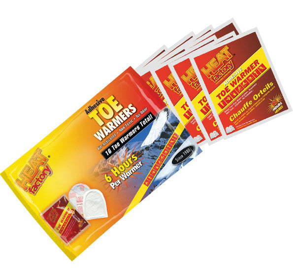 Toe Warmer Big Pack offers 8 pair adhesive toe warmers that can be worn in any shoe or boot. Simply peel off adhesive backing, stick warmer to bottom of sock under toes, and enjoy 6 hours of cozy heat. Disposable Warmers, Warmers, Hot Packs, heat packs, Portable Handwarmers, Pocket Warmers, body warmers, Toewarmers,  , Adhesive toe warmers.  hot pockets, Footwarmers, adhesive warmers, feet warmers, warm packs, Heat Factory