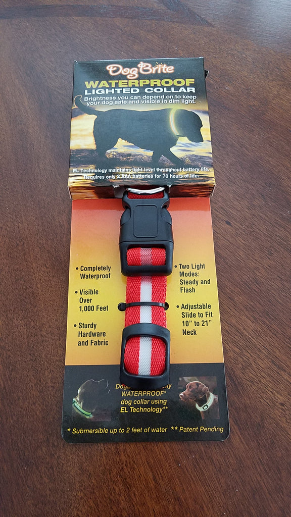 Red Waterproof lighted dog collar in packaging