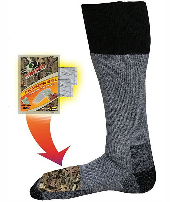 Excellent quality sock featuring a Merino Wool Blend. Pocket over the toes holds a Heat Factory Footwarmers. Above calf length. Contains: 76% acrylic, 13% Merino Wool, 9% nylon, 2% elastic.  Includes one pair of  Footwarmers.