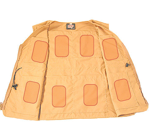 Tan Cool Vest is made of light weight cotton poly fabric with an adjustable  drawstring waist and a front zipper closure. Machine washable.  Freeze cool packs for 4 hours. Place cool packs into vest pockets (4-6 are usually enough). Put on vest and adjust the drawstring. Feel the coolness! Includes 6 Cold Packs.