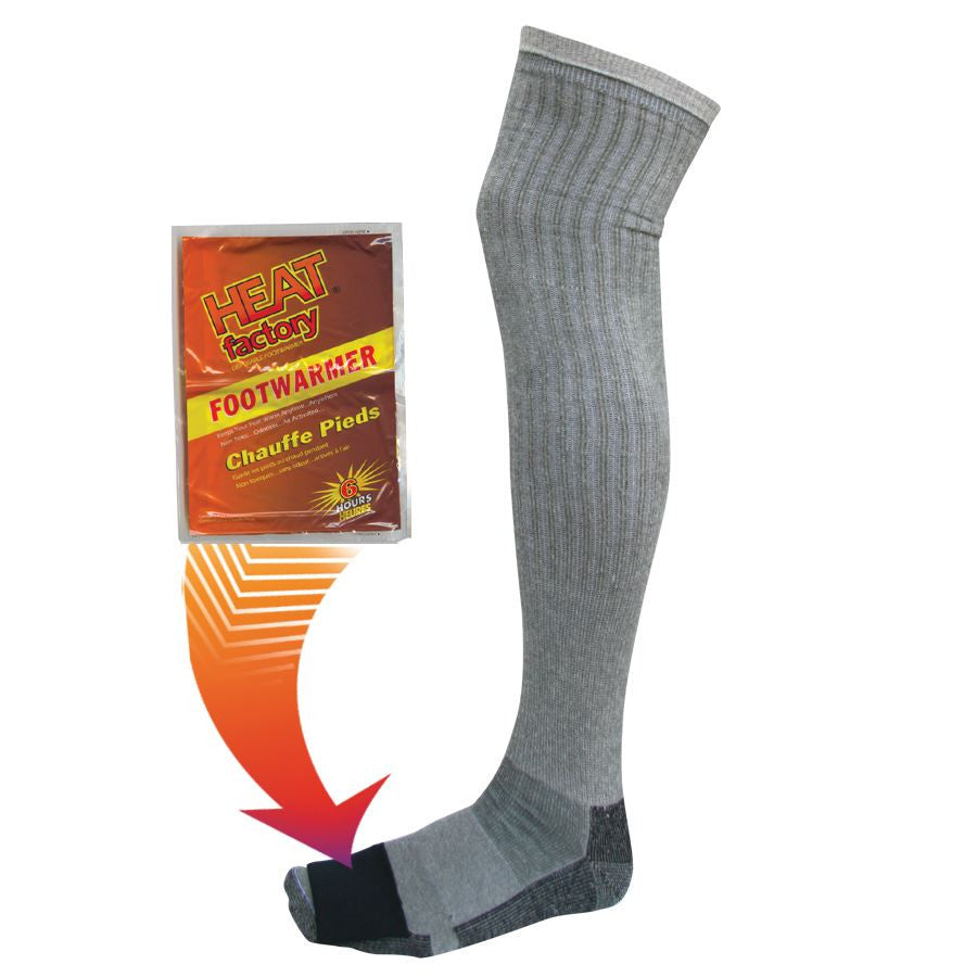 Heat Factory Wader Sock with Compression Fitting improves circulation, relieves leg fatigue; especially for those who sit or stand for long periods of time. Compression Fitting allows the sock to stay in one comfortable position all day and has pockets over the toes for Heat Factory Footwarmers. Includes one pair of Foot Warmers (1948). Contains:  50% Merino Wool, 30% acrylic, 10% nylon, 10% lycra.